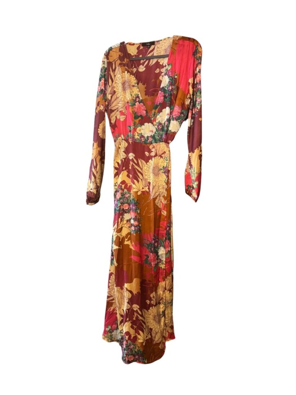 Lulus Put On a Smile Burgundy Floral Satin Wrap Maxi Dress Size XL Long Sleeve - Picture 1 of 8